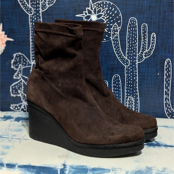 Robert Clergerie Suede Stretch Sock Mid-Calf Platform Boots Brown Size 8 - Picture 1 of 10